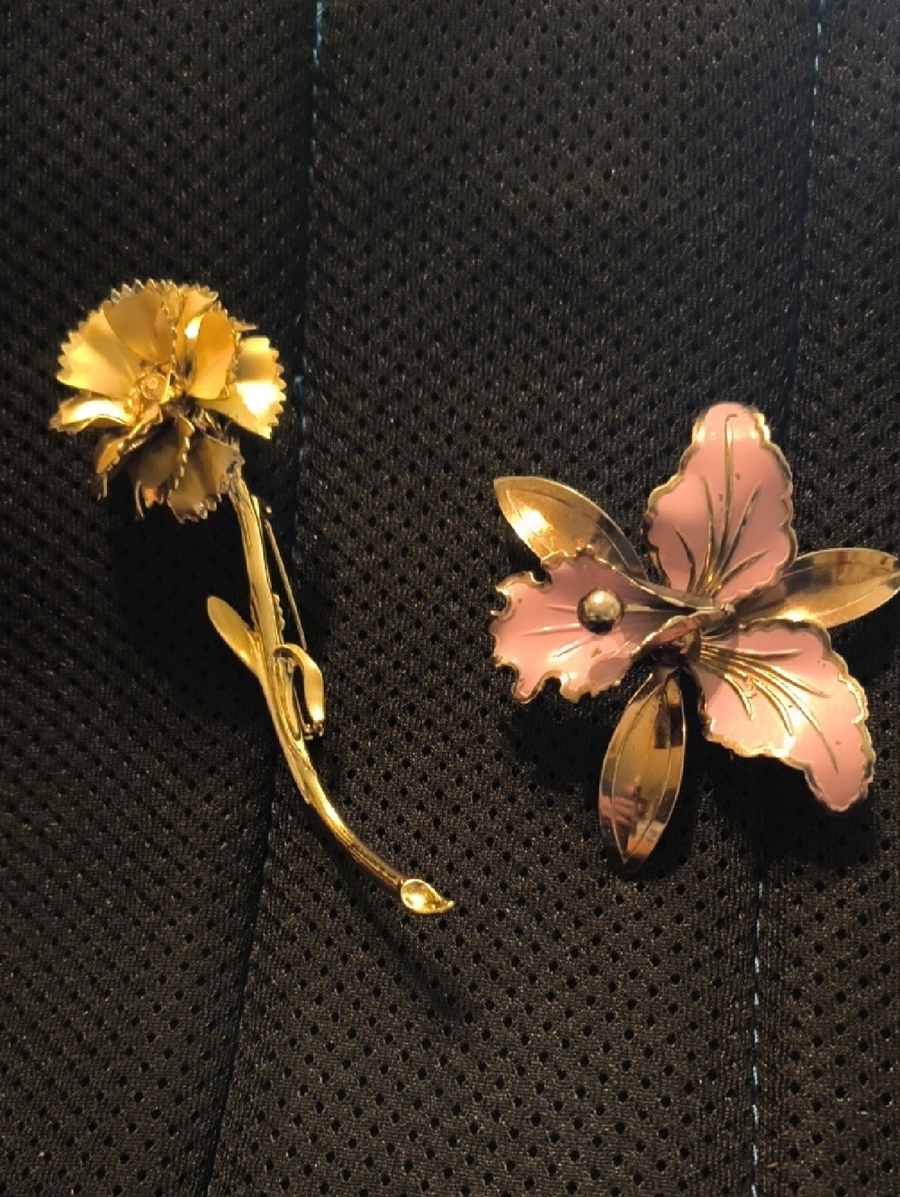 Gold-Tone Floral Brooch Set with Pink Enamel Blossom
